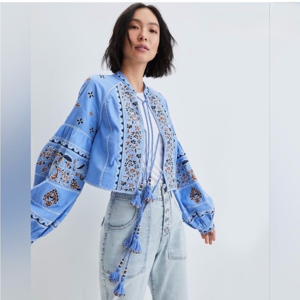 Veronica Beard Light Blue Embroidered Cropped Jacket